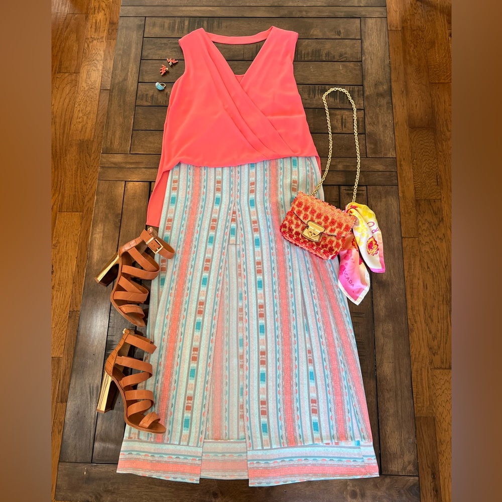 BCBGMAXAZRIA Jane Slit Front Maxi skirt in Pink and Aqua. Size S. NWT.